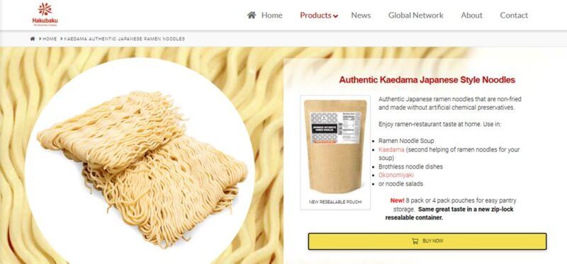 A website screenshot from Hakubaku, showing ramen noodles, instructions, and menus from the site