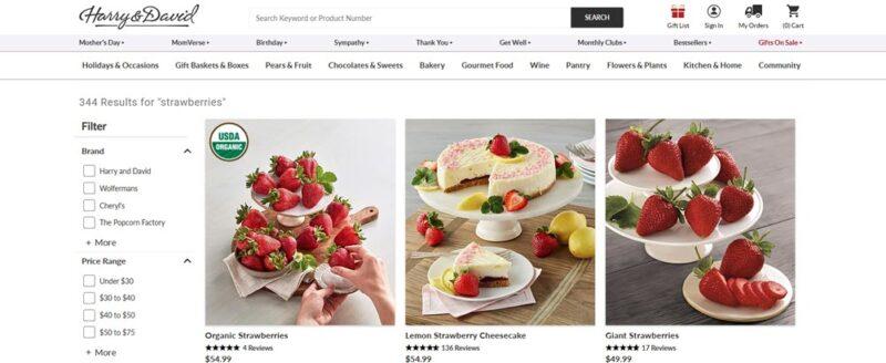 A website screenshot from Harry and David, showing two strawberry-based treats, plus a strawberry cheesecake