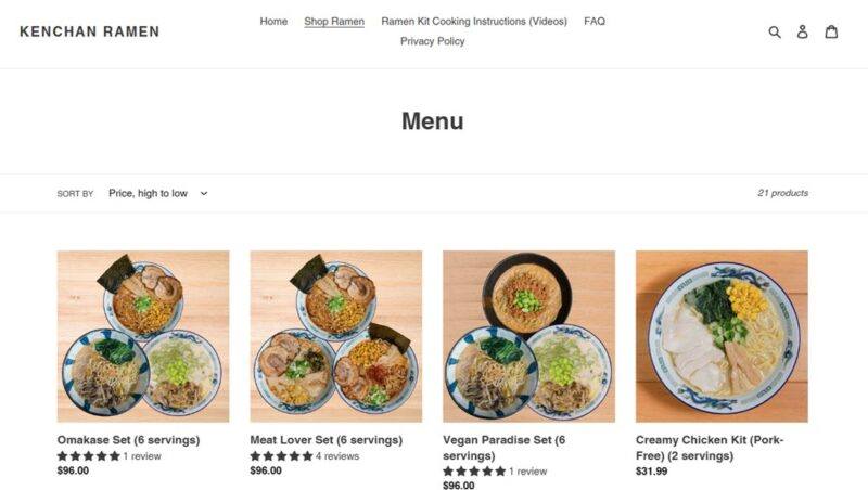 A website screenshot from Kenchan Ramen showing four different products