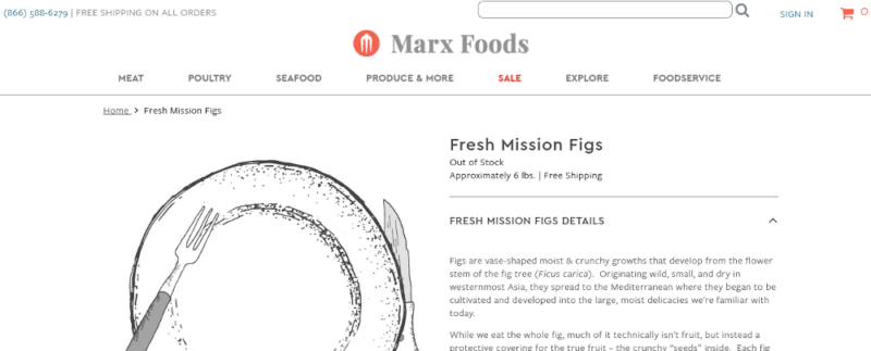 A website screenshot from Marx Foods, showing an illustration of a plate with text about their figs