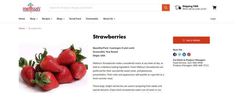 A website screenshot from Melissas showing fresh strawberries against a white background, with a description of the strawberries and various menu links