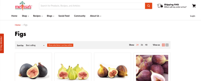 A website screenshot from Melissa's, showing the collection of figs they have for sale. 