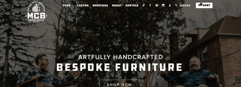 A website screenshot from Motor City Barrels showing the idea of their handcrafted wooden furniture