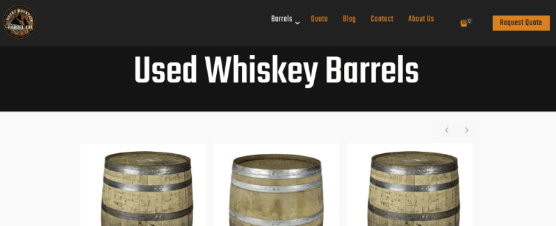 A website screenshot from Rocky Mountain barrel company showing three used whiskey barrels