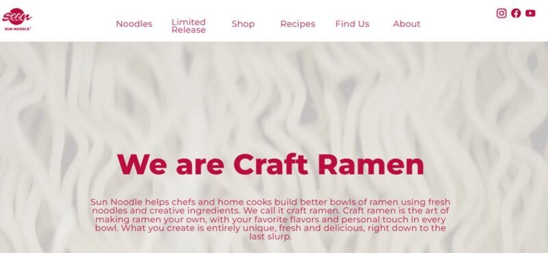 A website screenshot from Sun Noodle, showing a background of ramen noodles, with pink text in the foreground