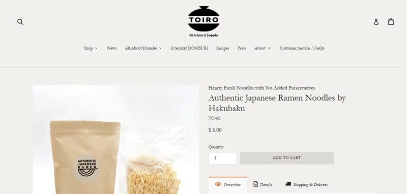 A website screenshot from TOIRO Kitchen Supply, showing a packet of ramen and ramen against a white background