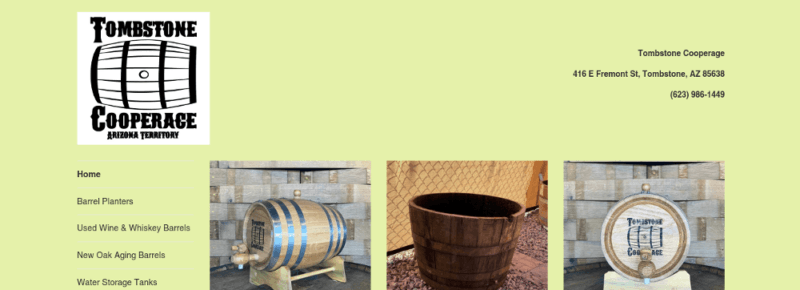 A website screenshot from Tombstone Cooperage showing different whiskey barrel products against a light background