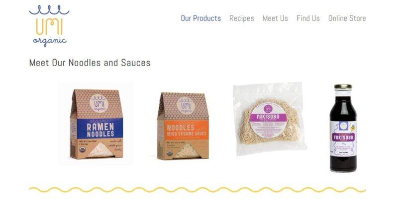 A website screenshot from Umi Organic, showing four different products, including fresh ramen noodles