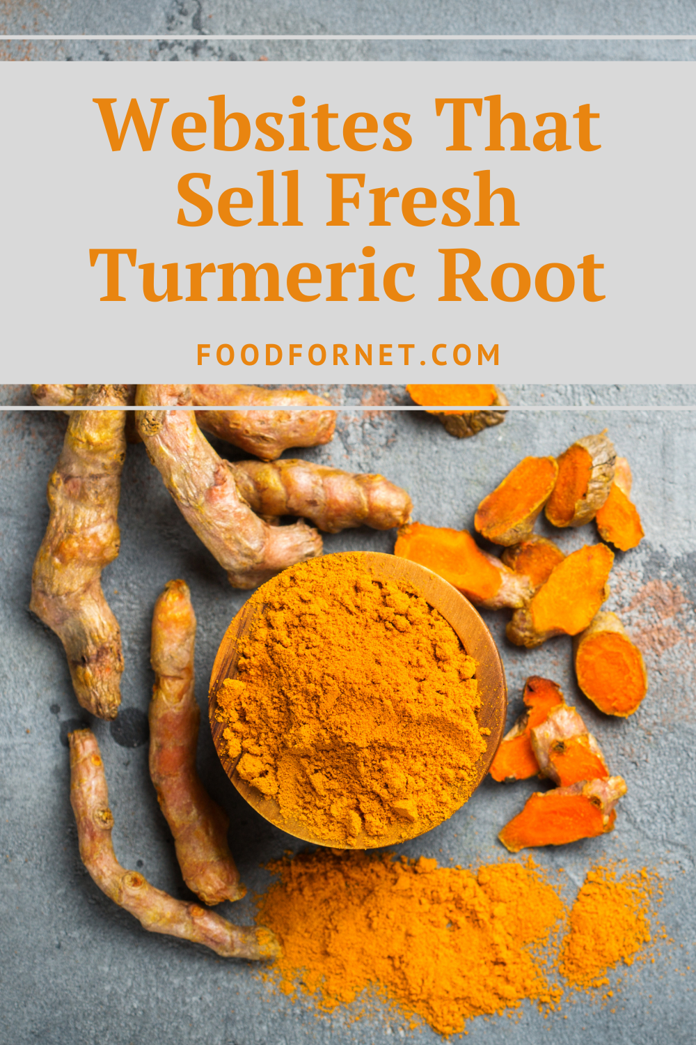 Orange turmeric powder in a bowl next to turmeric roots, some of which have been sliced