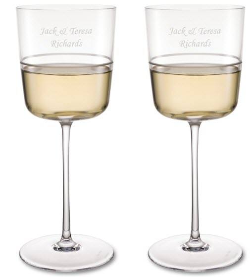 Wedgwood Bande Wine Glasses | Food For Net Two white wine glasses with a band and engraving