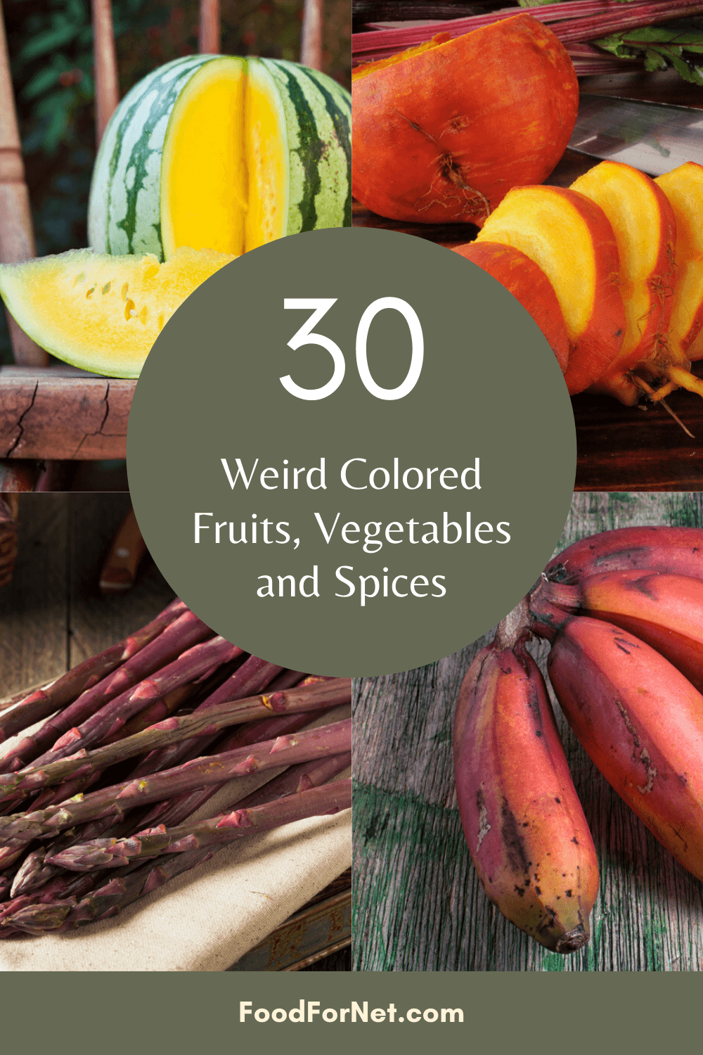 Yellow watermelon, golden beets, purple asparagus and red bananas