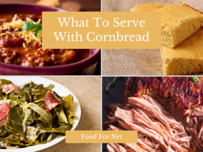 Three different examples of what to serve with cornbread, including chili, collard greens, and pulled pork, plus some freshly made cornbread