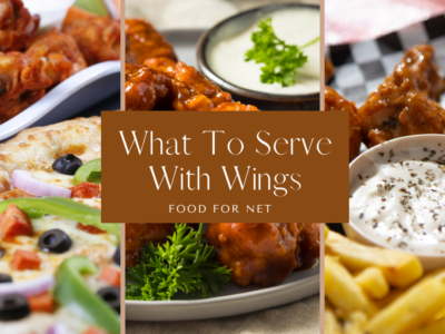 A plate of wings with chicken, one of wings with chips, and one of wings with work, all highlighting what to serve with wings.