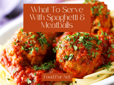 A large white dish with spaghetti and meatballs, highlighting the question of what to serve with spaghetti and meatballs