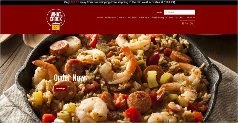 screenshot of What a Crock homepage with a closeup image of a plated Jambalaya