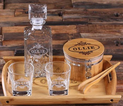 Whiskey Decanter Set With Ice Bucket | Food For Net Wooden tray with an engraved set of whiskey decanter, glasses, ice bucket and tongs.