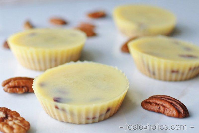 Four white chocolate and pecan fat bombs