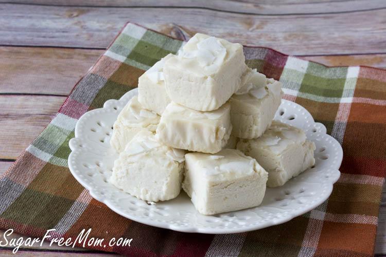 A plate with a stack of white chocolate fudge