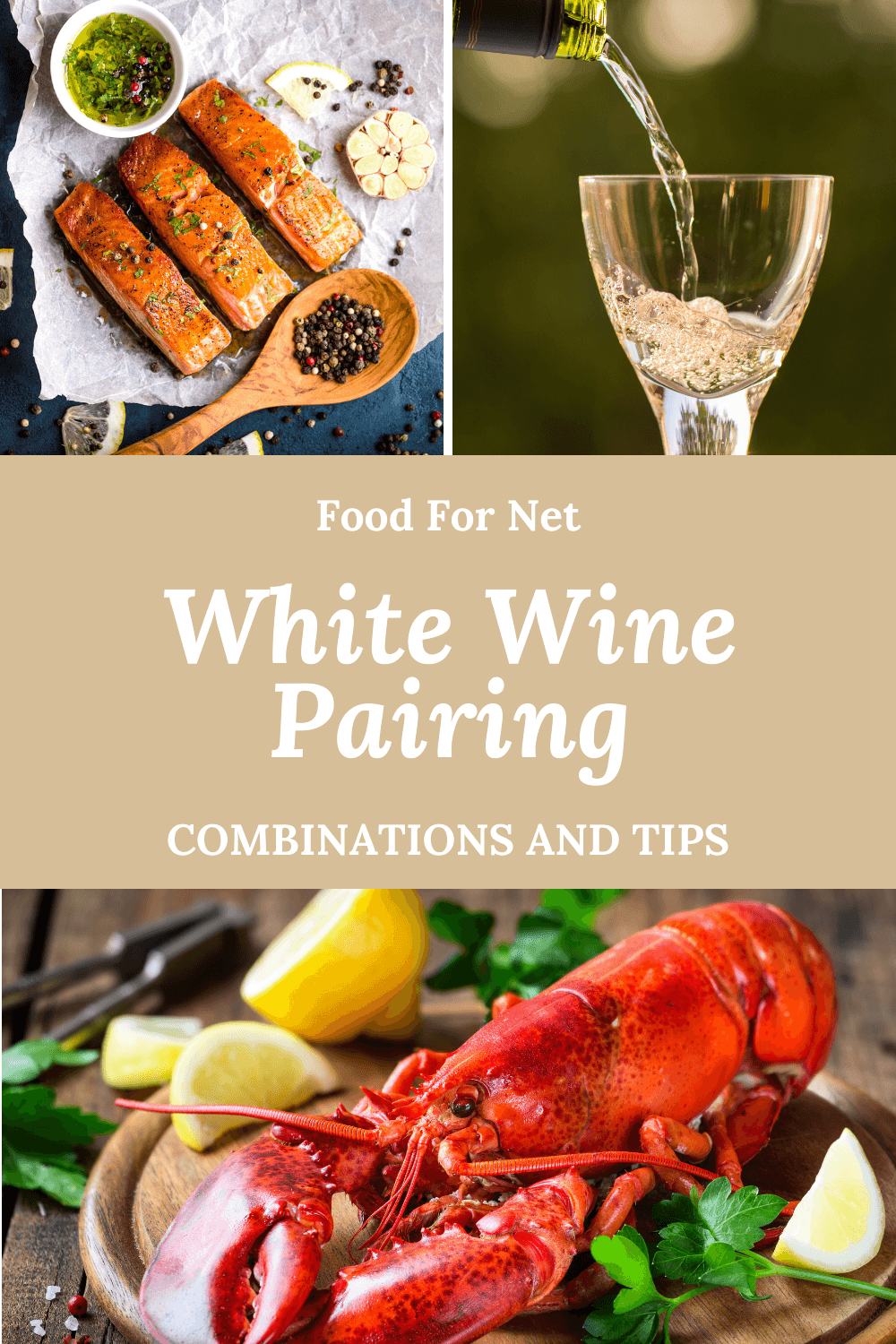 A fresh lobster on a plate, some cooked pieces of salmon and wine being poured into a glass for white wine pairing