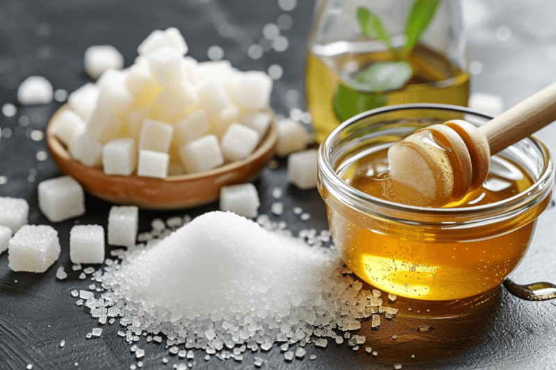 A pile of white sugar on a table, next to a glass dish of honey and a bowl containing sugar cubes