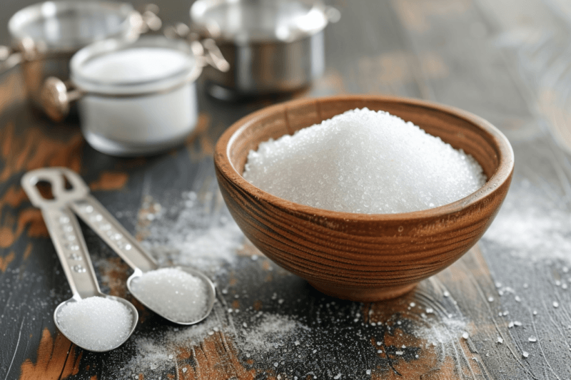 A wooden table with a brown bowl of sugar, next to spoons of white sugar