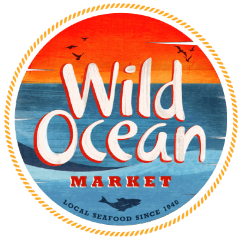 Wild Ocean Market Logo, with orange sunset over a blue ocean overwritten with Wild Ocean Market and at the bottom it says Local Seafood Since 1940