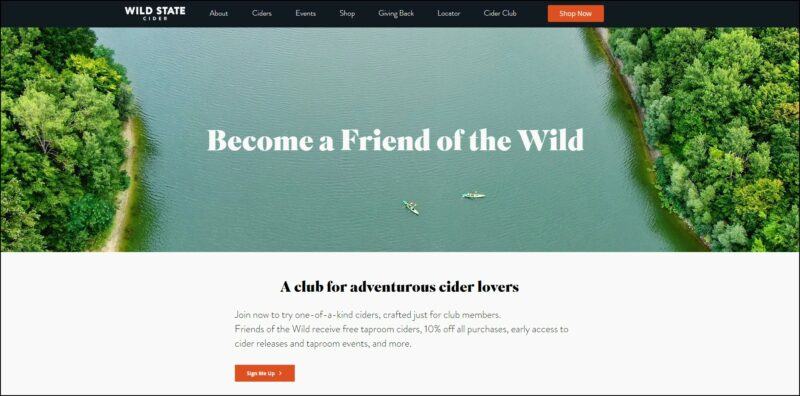 screenshot of Wild State Cider Club's web page with black header with the website's name and main menu followed by an image banner and then the details of the cider club.