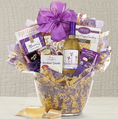 Windwhistle Sweet Moscato Wine Basket | Food For Net Gold and lavender basket with wine and cheese