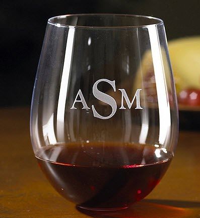 Wine Enthusiast Cabernet Wine Glasses | Food For Net Stemless glass with an ASM monogram and red wine