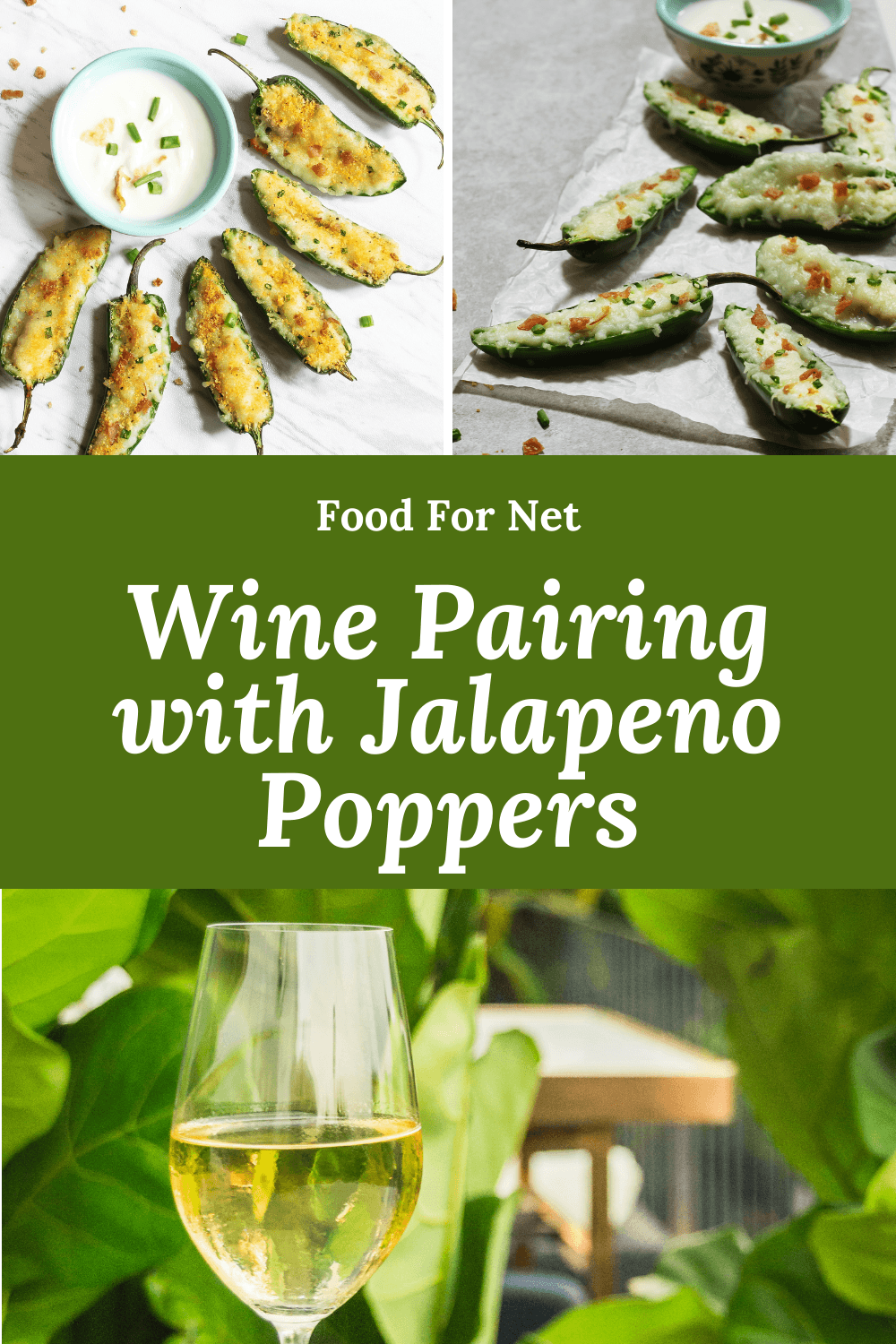 Baked jalapeno poppers and fresh jalapeno poppers for pairing with wine, along with a glass of wine outside