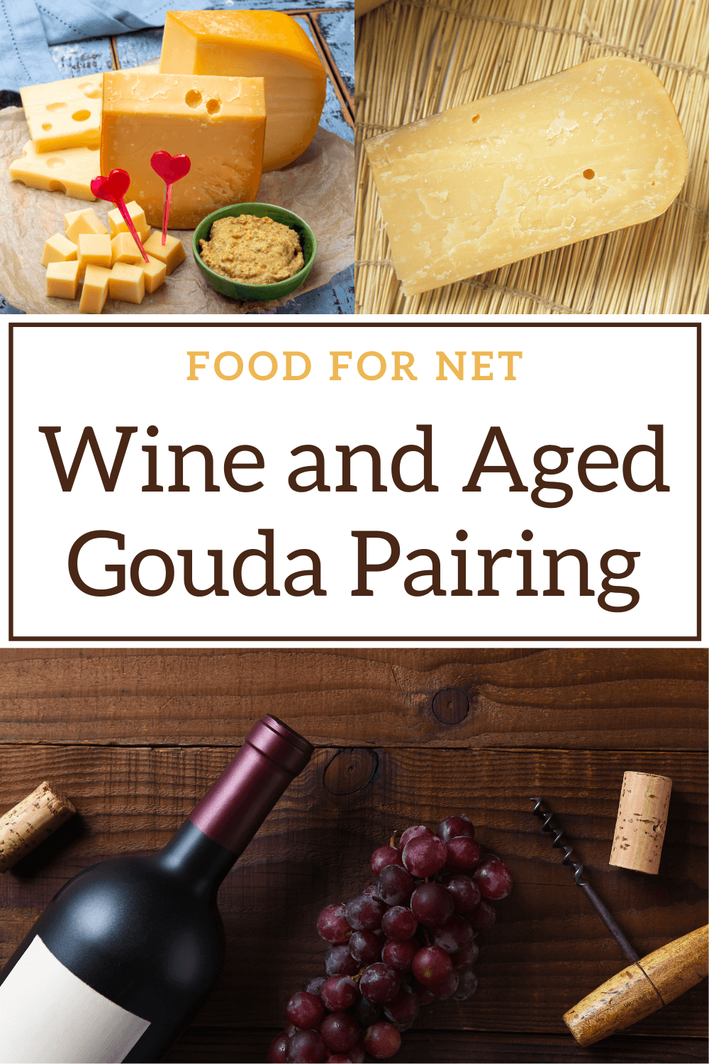 A bottle of red wine, corks and red grapes, along with two types of aged gouda