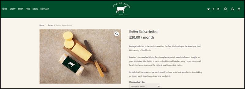 Screenshot of the website for Winter Tarn Dairy Subscription