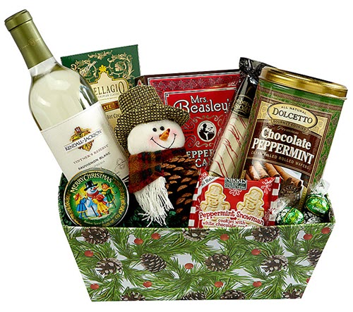 Winter Warmth Gift Box | Food For Net Green Christmas box with a snowman plushie, white wine and peppermint snacks
