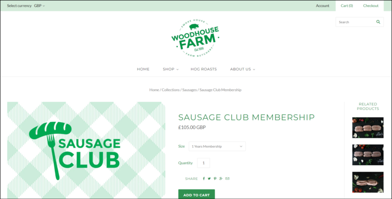 screenshot of Woodhouse Farm Sausage Club's web page, mainly white page with the website's name/logo on top followed by the main navigation menu, the page displays the details of the club subscription along with an image of the green logo of Woodhouse Farm.