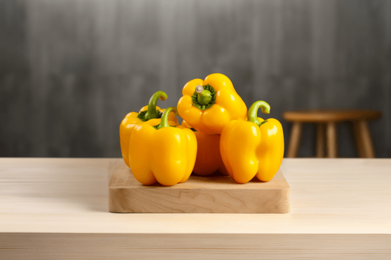 Four yellow bell peppers on a wooden board in a kitchen