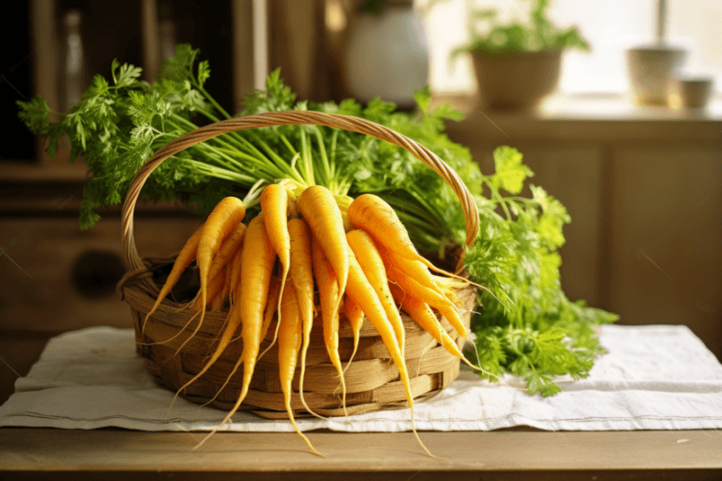 A basket containing many yellow carrots tied together by their stalks, in a rustic kitchen