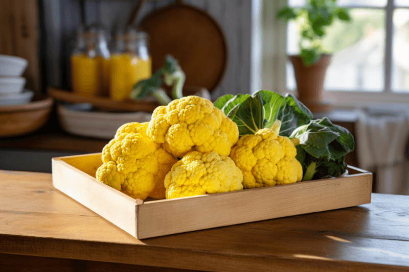 A box containing many cauliflower heads and some of the leaves, in a kitchen with jugs of orange juice and other items in the background