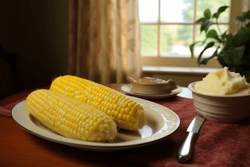 A plate with two ears of corn on a wooden table with a knife and a dish of mashed potatoes