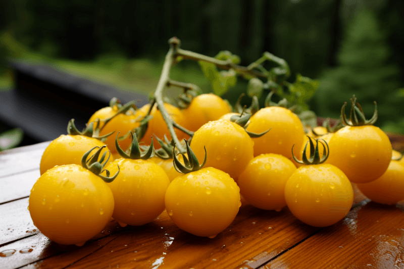 A collection of yellow tomatoes with water droplets outside on a wooden table