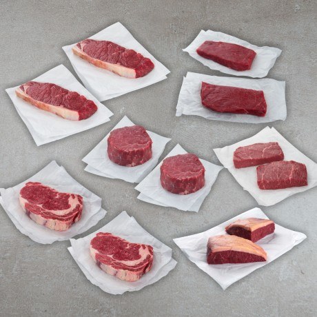 A selection of raw meat on a gray table