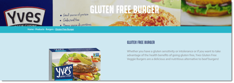 A screenshot from the Yves website, showing their gluten free burger patties