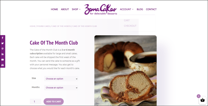 screenshot of Zana Cakes Cake of the Month Club's dominantly white page, with the website's name/logo on top along with the main navigation menu, underneath it is the main content area showing the details of the club subscription accompanied by an image of sliced and partially sliced cake