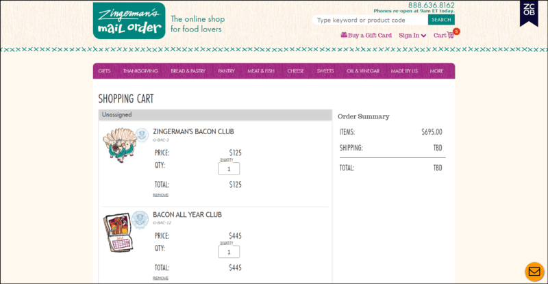 screenshot of Zingerman’s Bacon Club's web page, the beige-colored page is showing the website's name/logo on top followed by a magenta bar bearing the navigation menu, underneath it is the main content area showing one of the bacon club subscription