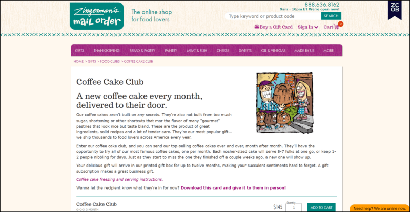 screenshot of Zingerman’s Coffee Cake Club's web page with the website's logo on top along with the tag line, contact info, and search bar, underneath is a magenta colored bar with the main navigation menu, the white main content area displays the cake club subscription details accompanied by a cartoon image