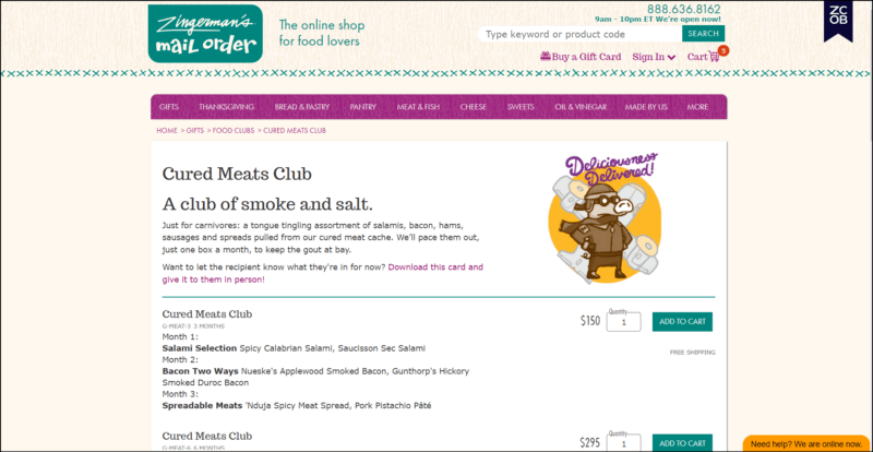 screenshot of Zingerman's Cured Meat Club's web page with the website's name/logo on top followed by a magenta-colored bar with the navigation menu, the white main content area shows the details of the cured meat club subscription with a cartoon image