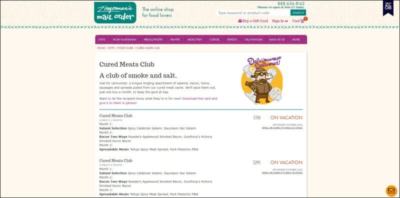 screenshot of Zingerman's Cured Meats Club's web page, beige colored page showing the website's name on top followed by a magenta bar with the main menu, the page is showing the details of the cured meats club subscription plans