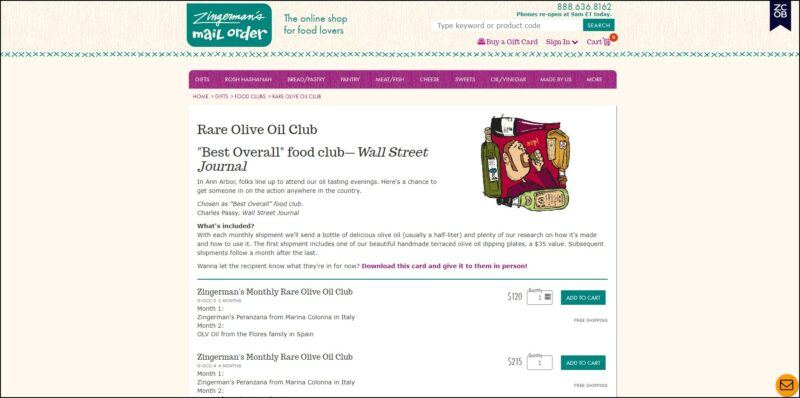 screenshot of Zingerman's Monthly Rare Olive Oil Club's web page, a dominantly beige page with the website's logo on top followed by a fuchsia bar containing the main menu, the page is displaying the details of the rare olive oil club details