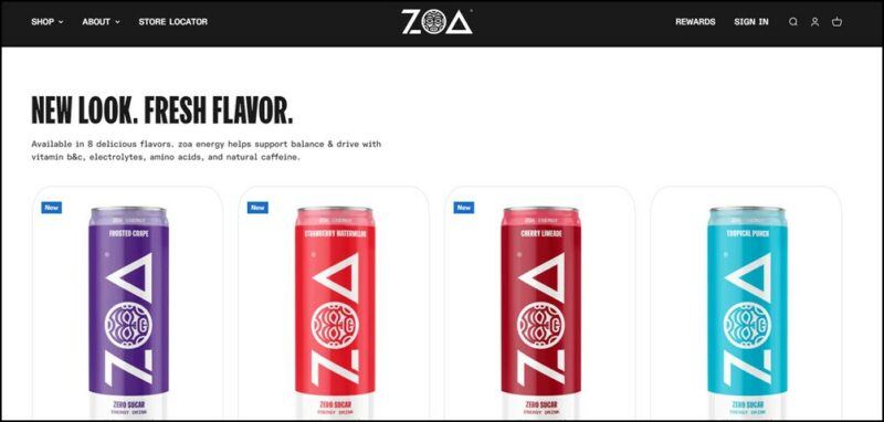 Zoa energy drinks on the company's website