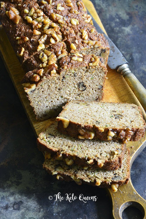 Zucchini bread and slices on a wooden board