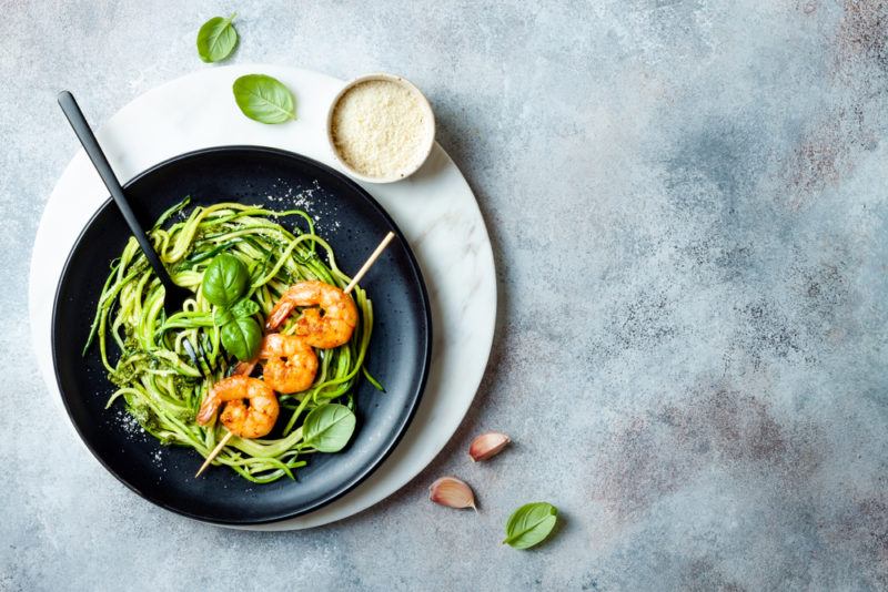 A bowl of zucchini noodles with shrimp